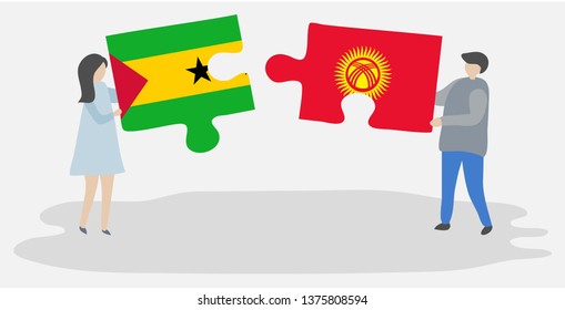 Couple holding two puzzles pieces with Sao Tomean and Kirgiz flags. Sao Tome and Principe and Kyrgyzstan national symbols together.
