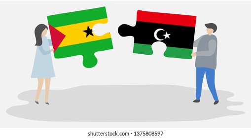 Couple holding two puzzles pieces with Sao Tomean and Libyan flags. Sao Tome and Principe and Libya national symbols together.