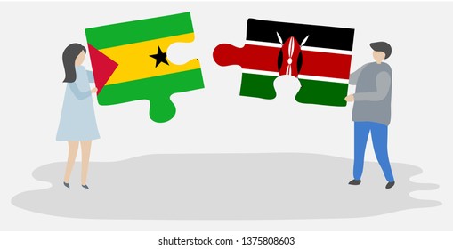 Couple holding two puzzles pieces with Sao Tomean and Kenyan flags. Sao Tome and Principe and Kenya national symbols together.