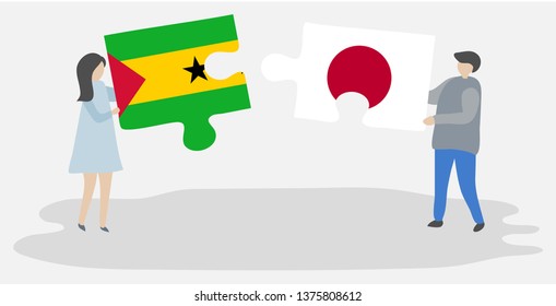 Couple holding two puzzles pieces with Sao Tomean and Japanese flags. Sao Tome and Principe and Japan national symbols together.