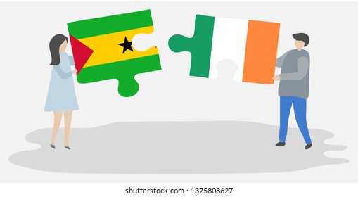 Couple holding two puzzles pieces with Sao Tomean and Irish flags. Sao Tome and Principe and Ireland national symbols together.