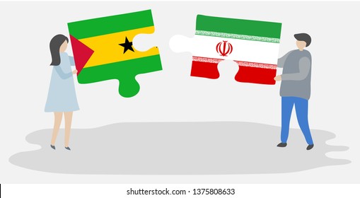 Couple holding two puzzles pieces with Sao Tomean and Iranian flags. Sao Tome and Principe and Iran national symbols together.