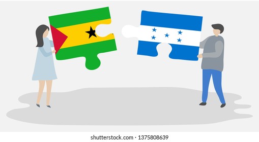 Couple holding two puzzles pieces with Sao Tomean and Honduran flags. Sao Tome and Principe and Honduras national symbols together.