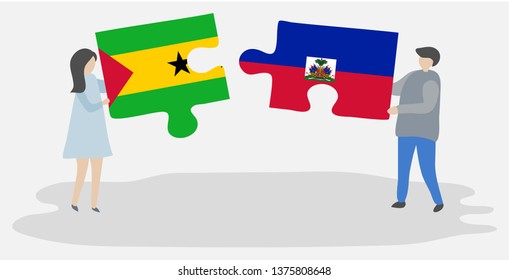 Couple holding two puzzles pieces with Sao Tomean and Haitian flags. Sao Tome and Principe and Haiti national symbols together.