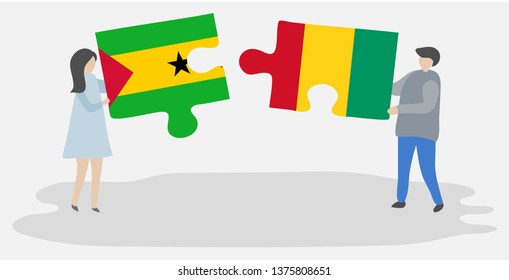 Couple holding two puzzles pieces with Sao Tomean and Guinean flags. Sao Tome and Principe and Guinea national symbols together.