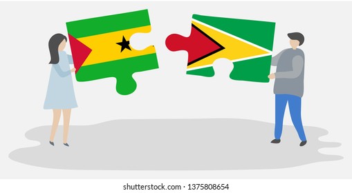Couple holding two puzzles pieces with Sao Tomean and Guyanese flags. Sao Tome and Principe and Guyana national symbols together.
