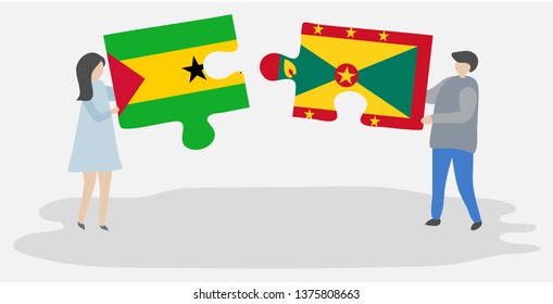 Couple holding two puzzles pieces with Sao Tomean and Grenadian flags. Sao Tome and Principe and Grenada national symbols together.