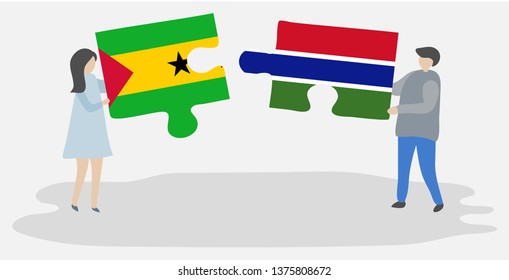 Couple holding two puzzles pieces with Sao Tomean and Gambian flags. Sao Tome and Principe and Gambia national symbols together.