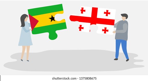 Couple holding two puzzles pieces with Sao Tomean and Georgian flags. Sao Tome and Principe and Georgia national symbols together.