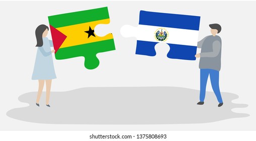Couple holding two puzzles pieces with Sao Tomean and Salvadoran flags. Sao Tome and Principe and El Salvador national symbols together.