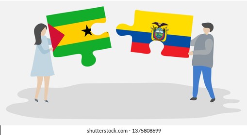 Couple holding two puzzles pieces with Sao Tomean and Ecuadorian flags. Sao Tome and Principe and Ecuador national symbols together.