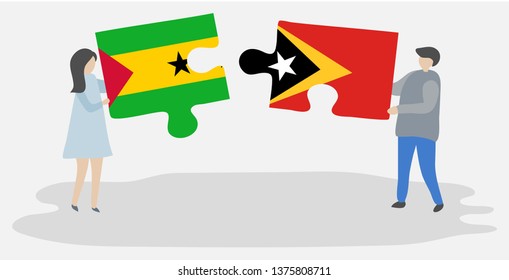 Couple holding two puzzles pieces with Sao Tomean and Timorese flags. Sao Tome and Principe and East Timor national symbols together.