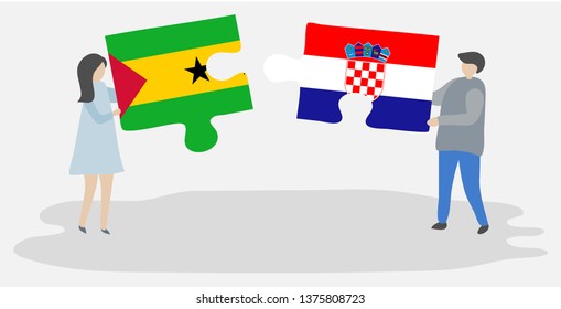 Couple holding two puzzles pieces with Sao Tomean and Croatian flags. Sao Tome and Principe and Croatia national symbols together.