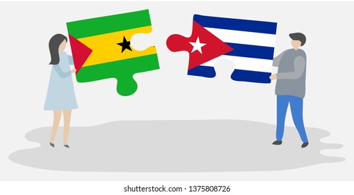 Couple holding two puzzles pieces with Sao Tomean and Cuban flags. Sao Tome and Principe and Cuba national symbols together.