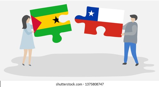 Couple holding two puzzles pieces with Sao Tomean and Chilean flags. Sao Tome and Principe and Chile national symbols together.