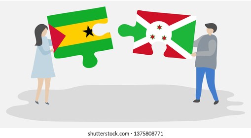 Couple holding two puzzles pieces with Sao Tomean and Burundian flags. Sao Tome and Principe and Burundi national symbols together.