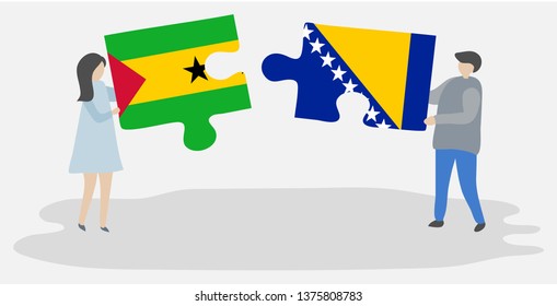 Couple holding two puzzles pieces with Sao Tomean and Bosnian flags. Sao Tome and Principe and Bosnia and Herzegovina national symbols together.
