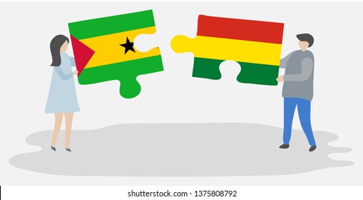 Couple holding two puzzles pieces with Sao Tomean and Bolivian flags. Sao Tome and Principe and Bolivia national symbols together.