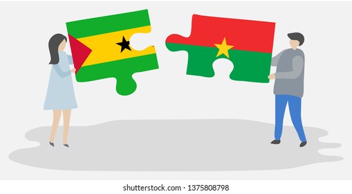 Couple holding two puzzles pieces with Sao Tomean and Burkinabe flags. Sao Tome and Principe and Burkina Faso national symbols together.