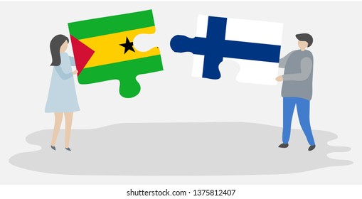 Couple holding two puzzles pieces with Sao Tomean and Finnish flags. Sao Tome and Principe and Finland national symbols together.
