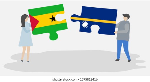 Couple holding two puzzles pieces with Sao Tomean and Nauruan flags. Sao Tome and Principe and Nauru national symbols together.