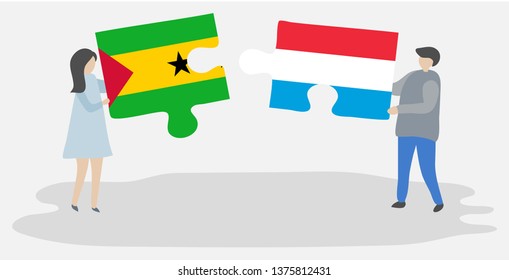 Couple holding two puzzles pieces with Sao Tomean and Luxembourgish flags. Sao Tome and Principe and Luxembourg national symbols together.