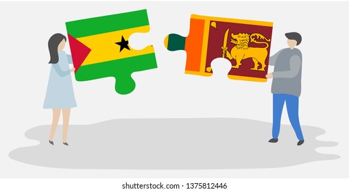 Couple holding two puzzles pieces with Sao Tomean and Sri Lankan flags. Sao Tome and Principe and Sri Lanka national symbols together.