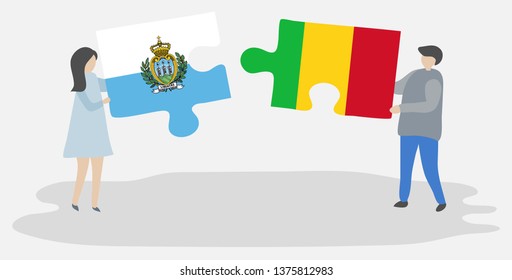 Couple holding two puzzles pieces with Sammarinese and Malian flags. San Marino and Mali national symbols together.