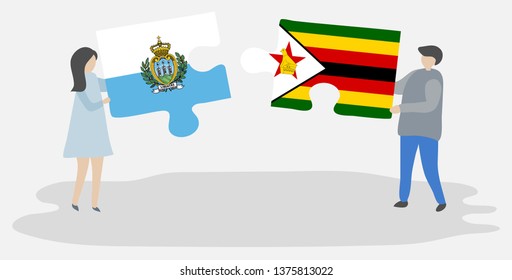 Couple holding two puzzles pieces with Sammarinese and Zimbabwean flags. San Marino and Zimbabwe national symbols together.