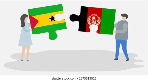 Couple holding two puzzles pieces with Sao Tomean and Afghan flags. Sao Tome and Principe and Afghanistan national symbols together.