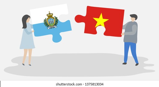 Couple holding two puzzles pieces with Sammarinese and Vietnamese flags. San Marino and Vietnam national symbols together.