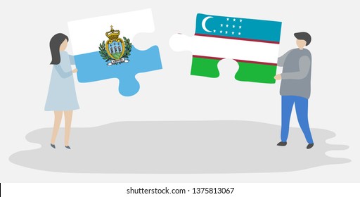Couple holding two puzzles pieces with Sammarinese and Uzbek flags. San Marino and Uzbekistan national symbols together.