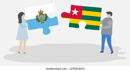 Couple holding two puzzles pieces with Sammarinese and Togolese flags. San Marino and Togo national symbols together.