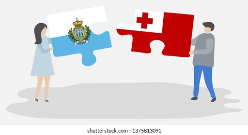 Couple holding two puzzles pieces with Sammarinese and Tongan flags. San Marino and Tonga national symbols together.
