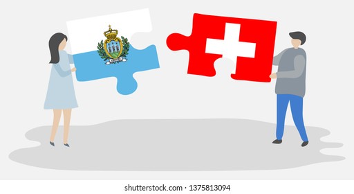 Couple holding two puzzles pieces with Sammarinese and Swiss flags. San Marino and Switzerland national symbols together.
