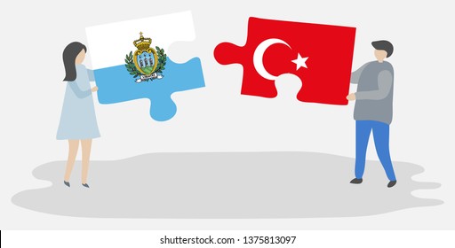 Couple holding two puzzles pieces with Sammarinese and Turkish flags. San Marino and Turkey national symbols together.