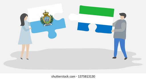 Couple holding two puzzles pieces with Sammarinese and Sierra Leonean flags. San Marino and Sierra Leone national symbols together.