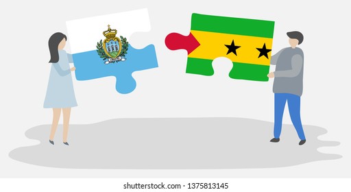 Couple holding two puzzles pieces with Sammarinese and Sao Tomean flags. San Marino and Sao Tome and Principe national symbols together.