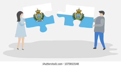 Couple holding two puzzles pieces with Sammarinese and Sammarinese flags. San Marino and San Marino national symbols together.