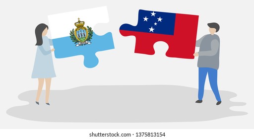 Couple holding two puzzles pieces with Sammarinese and Samoan flags. San Marino and Samoa national symbols together.