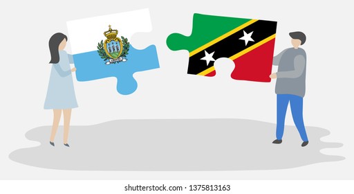 Couple holding two puzzles pieces with Sammarinese and Kittitian flags. San Marino and Saint Kitts and Nevis national symbols together.