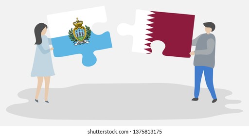 Couple holding two puzzles pieces with Sammarinese and Qatari flags. San Marino and Qatar national symbols together.