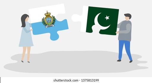 Couple holding two puzzles pieces with Sammarinese and Pakistani flags. San Marino and Pakistan national symbols together.