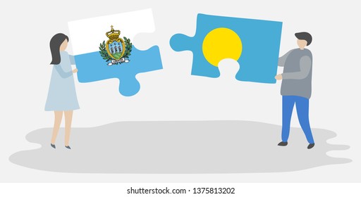 Couple holding two puzzles pieces with Sammarinese and Palauan flags. San Marino and Palau national symbols together.