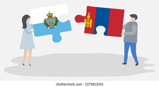 Couple holding two puzzles pieces with Sammarinese and Mongolian flags. San Marino and Mongolia national symbols together.