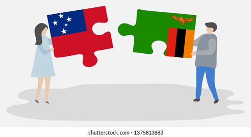 Couple holding two puzzles pieces with Samoan and Zambian flags. Samoa and Zambia national symbols together.