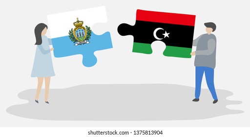 Couple holding two puzzles pieces with Sammarinese and Libyan flags. San Marino and Libya national symbols together.