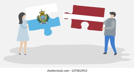 Couple holding two puzzles pieces with Sammarinese and Latvian flags. San Marino and Latvia national symbols together.