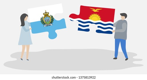 Couple holding two puzzles pieces with Sammarinese and I-Kiribati flags. San Marino and Kiribati national symbols together.