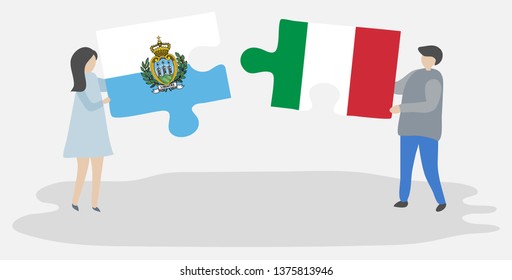 Couple holding two puzzles pieces with Sammarinese and Italian flags. San Marino and Italy national symbols together.